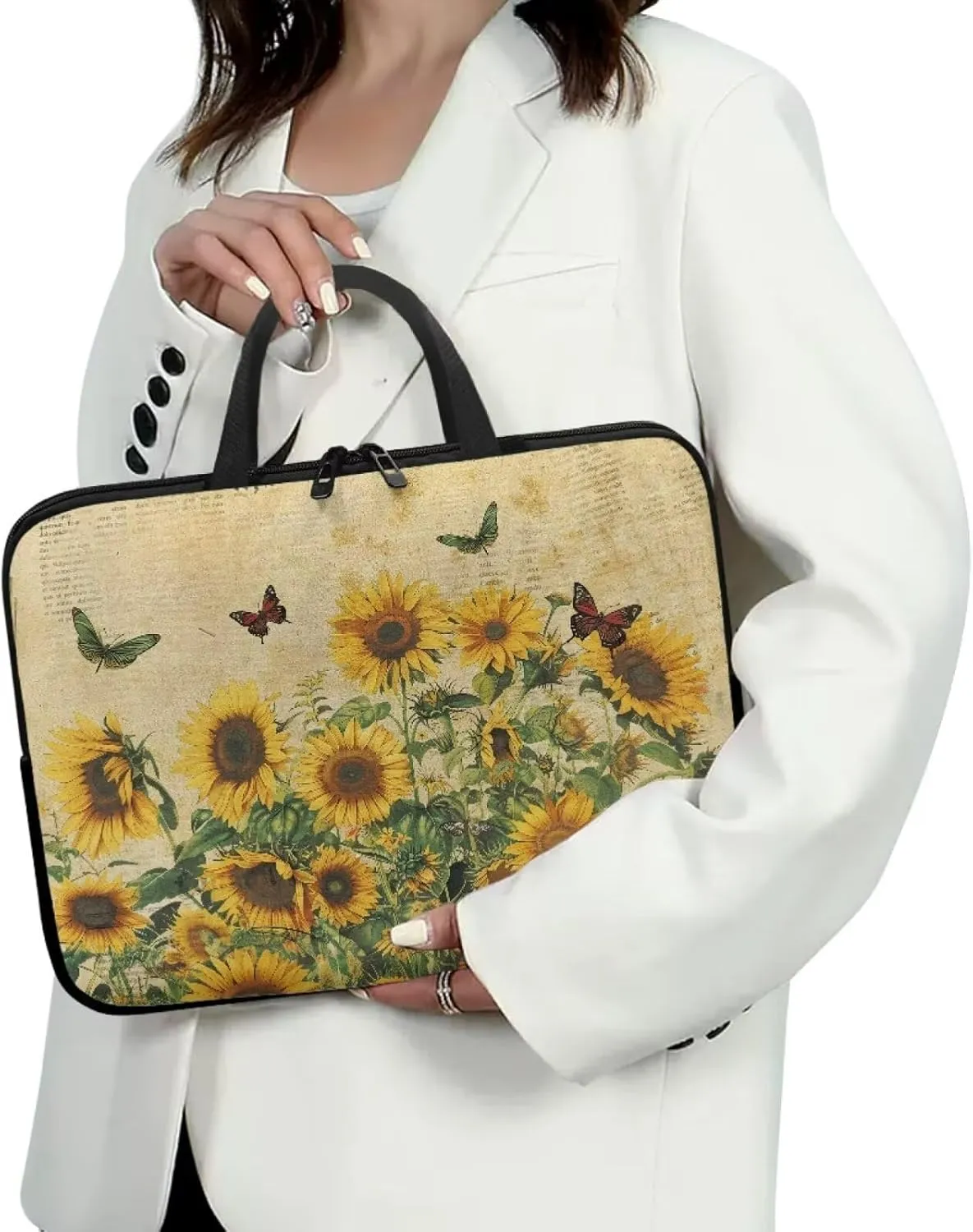 10-17 Inch Computer Sleeve,Tablet Portable Carrying Sleeve Case Bag, Waterproof Laptop Tote Bag for Women, Notebook Messenger Briefcase Tablet Handbag,Butterfly Sunflower