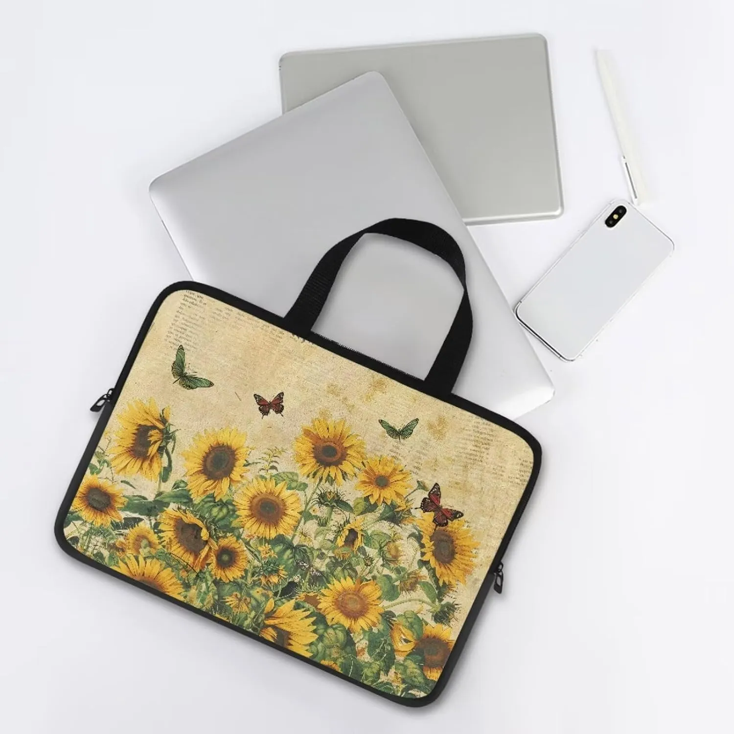 10-17 Inch Computer Sleeve,Tablet Portable Carrying Sleeve Case Bag, Waterproof Laptop Tote Bag for Women, Notebook Messenger Briefcase Tablet Handbag,Butterfly Sunflower