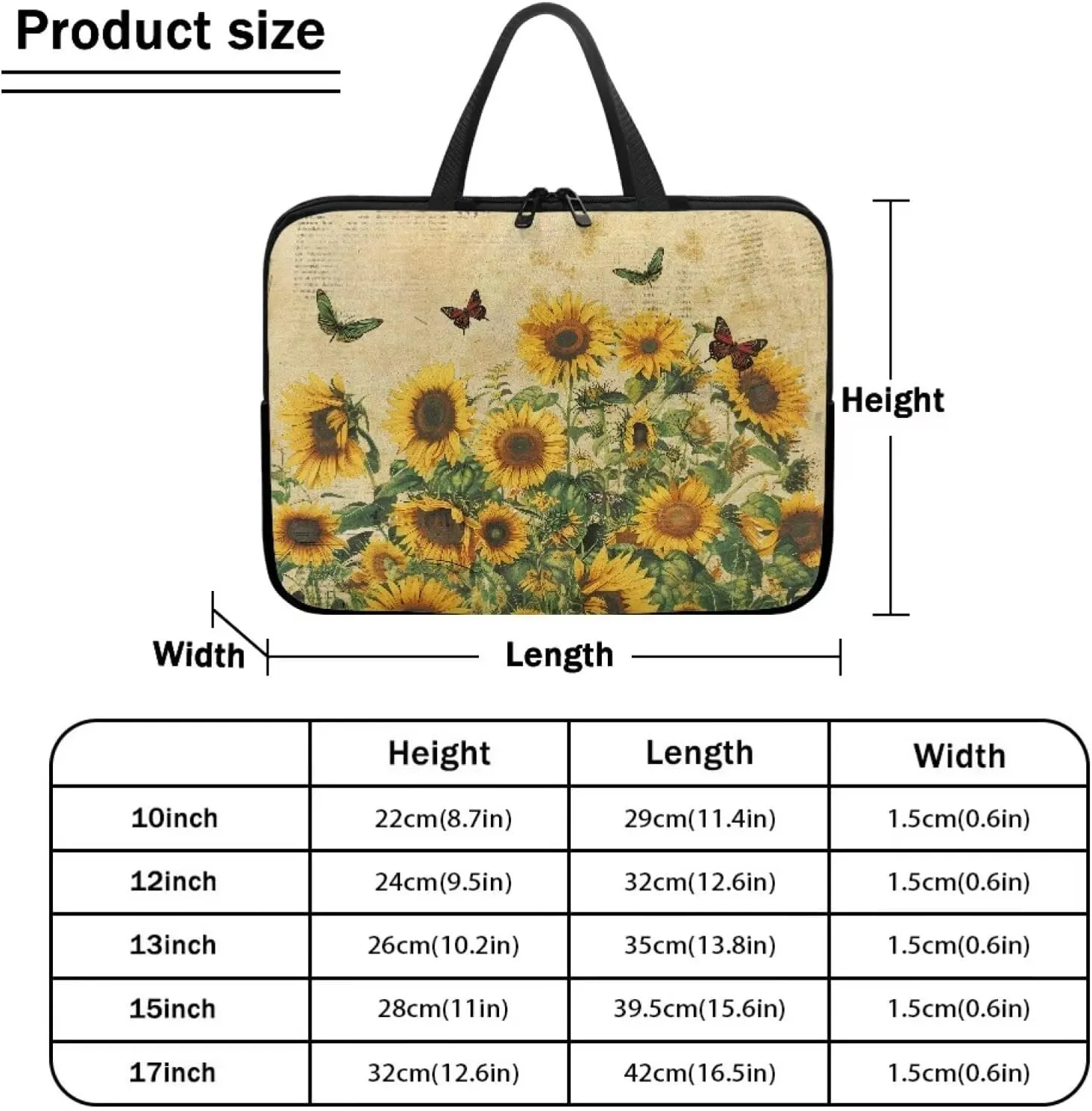 10-17 Inch Computer Sleeve,Tablet Portable Carrying Sleeve Case Bag, Waterproof Laptop Tote Bag for Women, Notebook Messenger Briefcase Tablet Handbag,Butterfly Sunflower