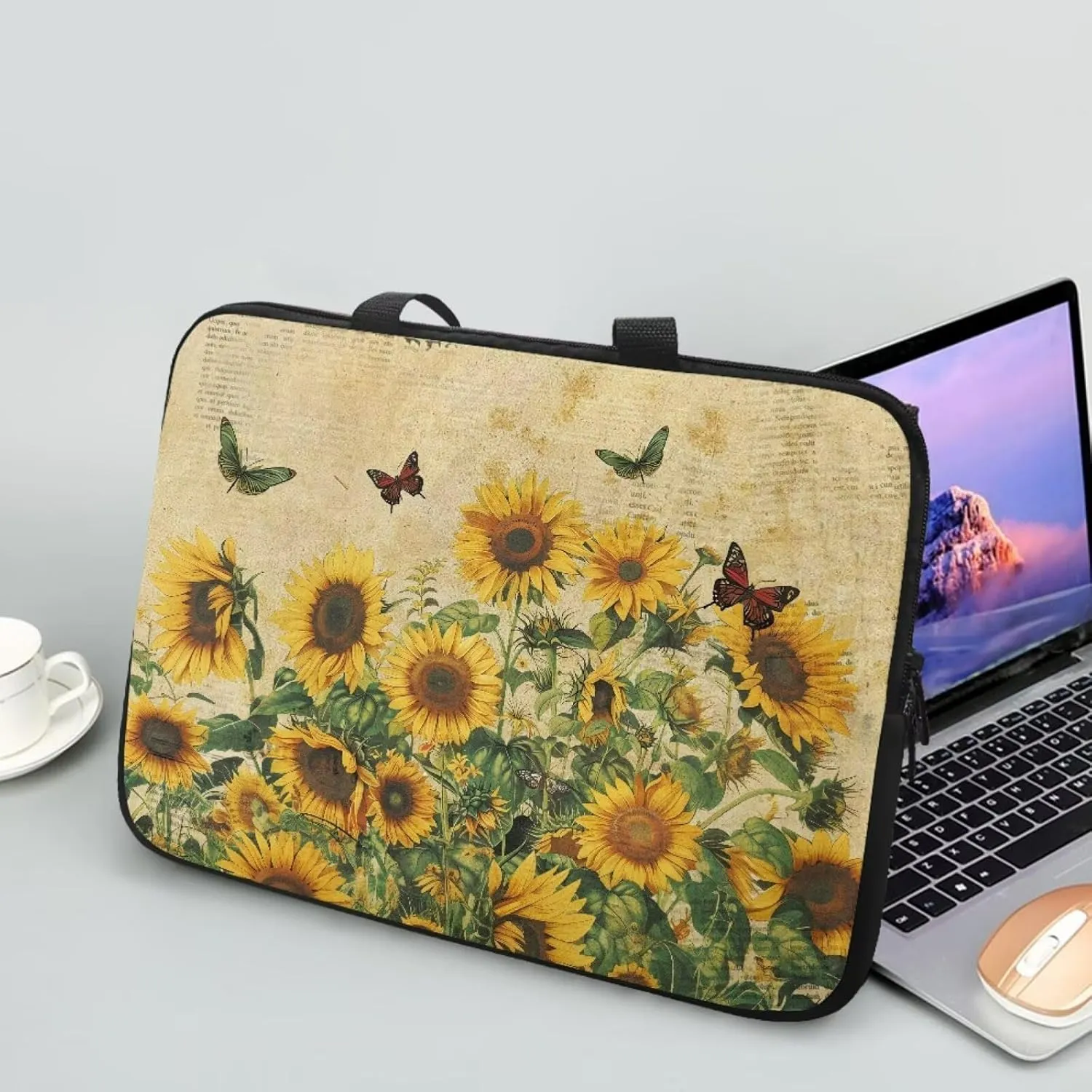 10-17 Inch Computer Sleeve,Tablet Portable Carrying Sleeve Case Bag, Waterproof Laptop Tote Bag for Women, Notebook Messenger Briefcase Tablet Handbag,Butterfly Sunflower