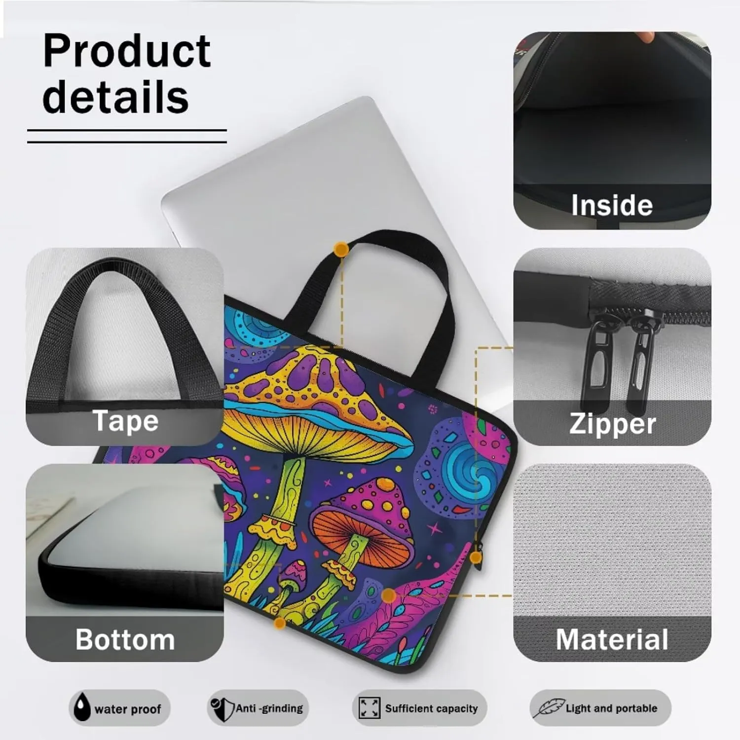 10-17 Inch Tablet Sleeves, Laptop Tote Bag with Handle, Zipper Tablet Case Sleeve Neoprene Laptop Shoulder Bag Briefcase, Lightweight Work Bag for Business Travel Office,Boho Mushroom
