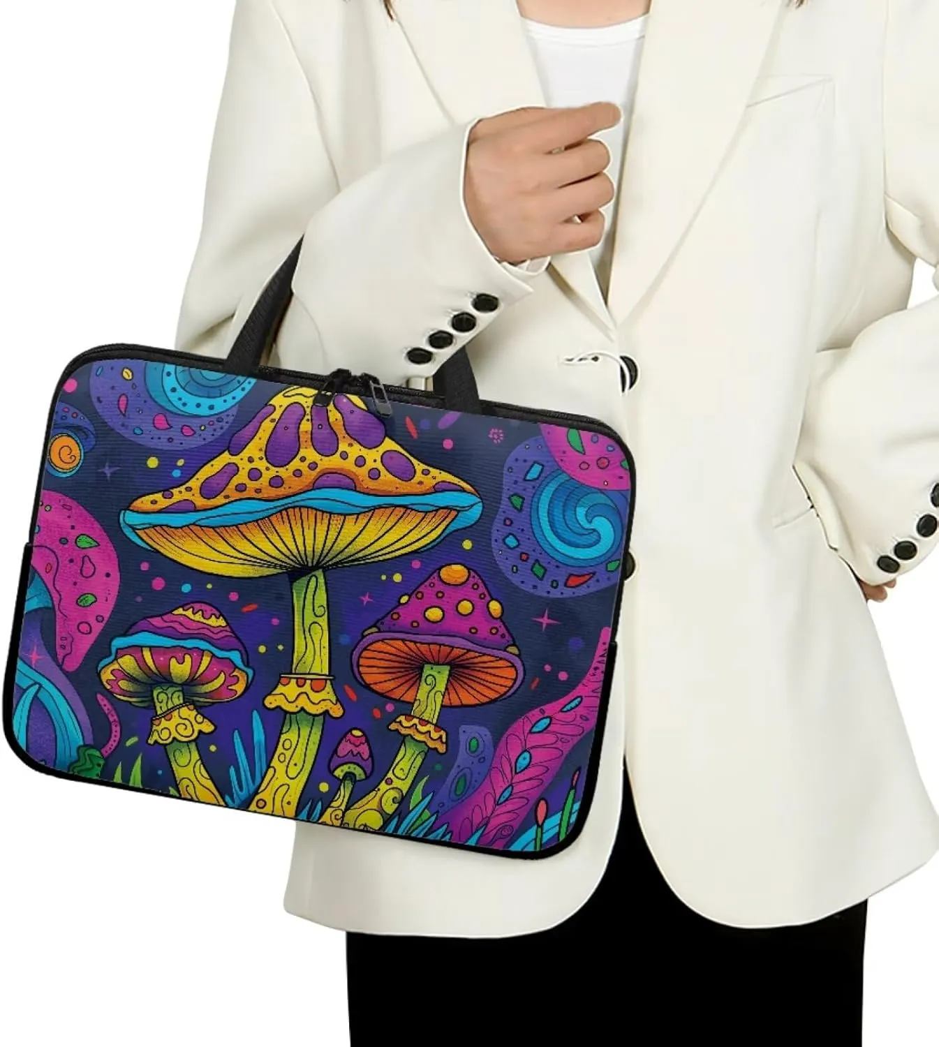 10-17 Inch Tablet Sleeves, Laptop Tote Bag with Handle, Zipper Tablet Case Sleeve Neoprene Laptop Shoulder Bag Briefcase, Lightweight Work Bag for Business Travel Office,Boho Mushroom