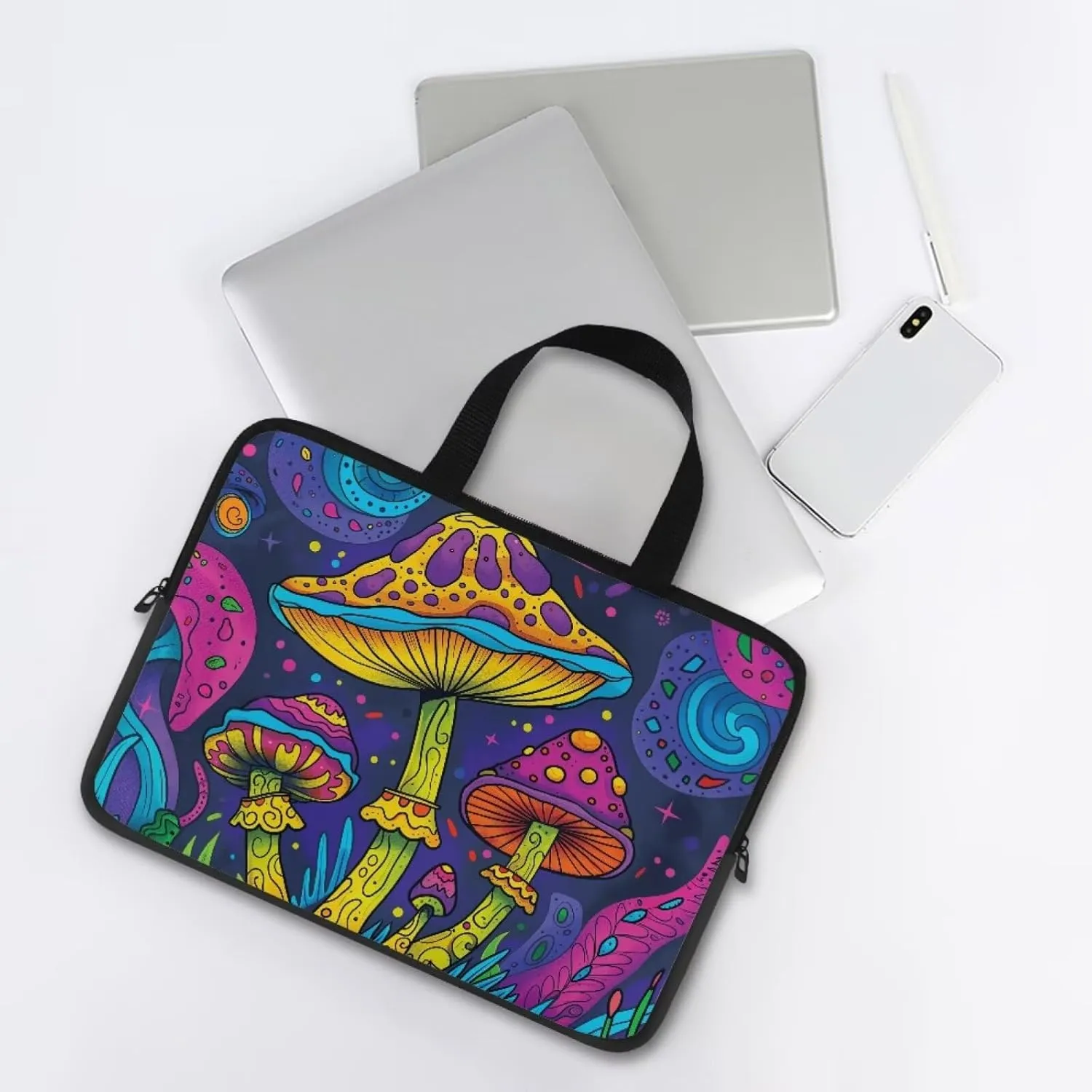 10-17 Inch Tablet Sleeves, Laptop Tote Bag with Handle, Zipper Tablet Case Sleeve Neoprene Laptop Shoulder Bag Briefcase, Lightweight Work Bag for Business Travel Office,Boho Mushroom