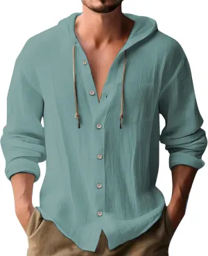 100 Percent Cotton Linen Hoodies for Men Long Sleeve Button Down Shirt Active Athletic Workout Sweatshirts for Men