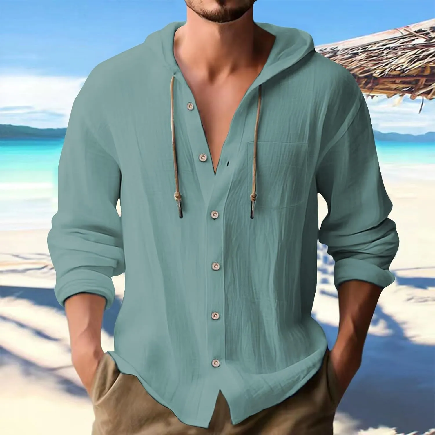 100 Percent Cotton Linen Hoodies for Men Long Sleeve Button Down Shirt Active Athletic Workout Sweatshirts for Men