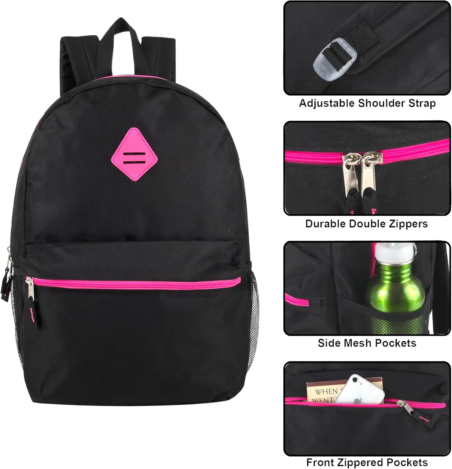 19 Inch School Backpacks with Mesh Side Pockets  Basic Large Solid Color Backpacks for Kids, Men, Women, Travel (Black/Pink)