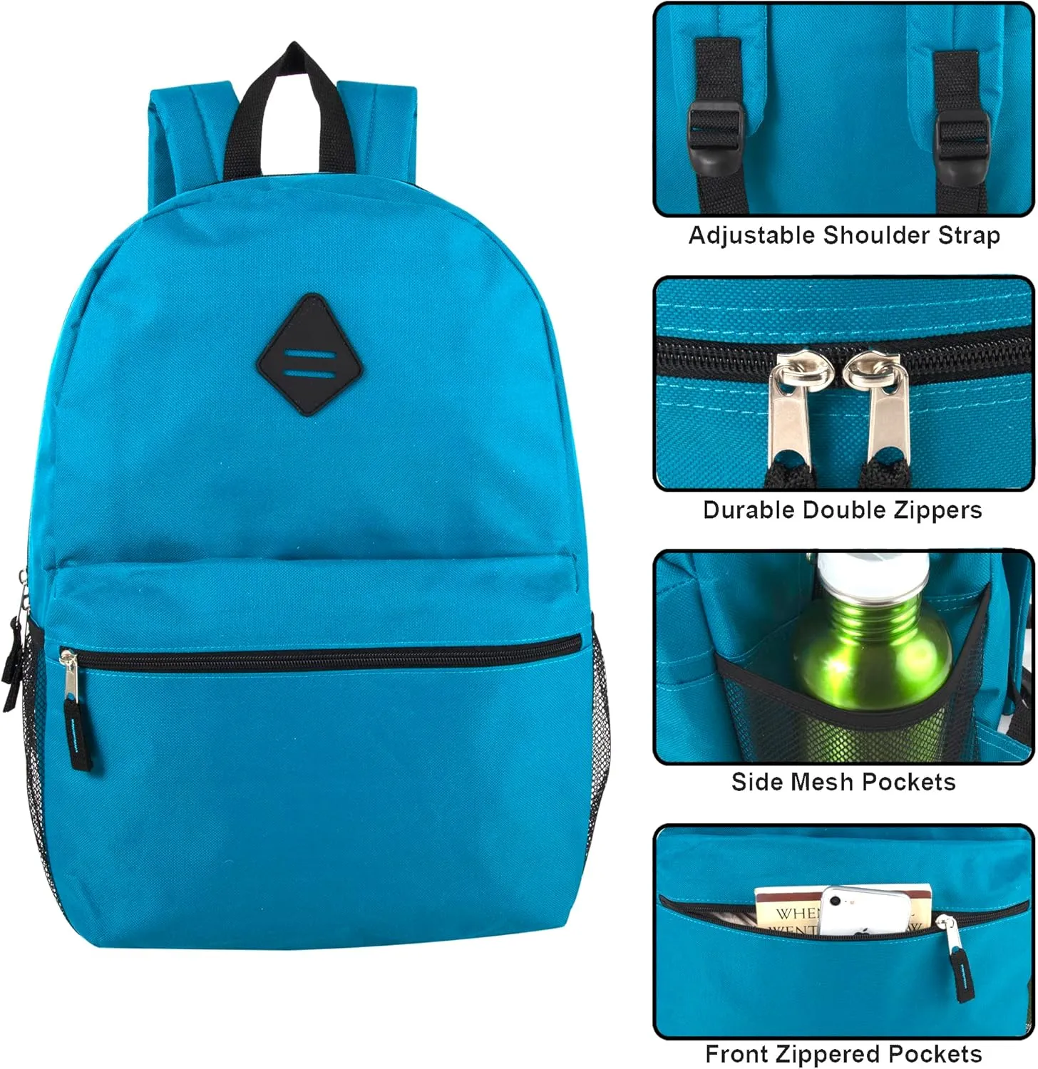 19 Inch School Backpacks with Mesh Side Pockets  Basic Large Solid Color Backpacks for Kids, Men, Women, Travel (Blue/Black)