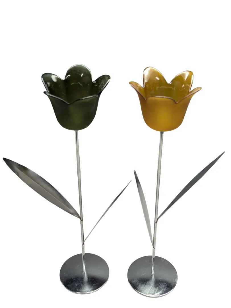 2  Contemporary Tea Light Holders Metal/Glass Flowers