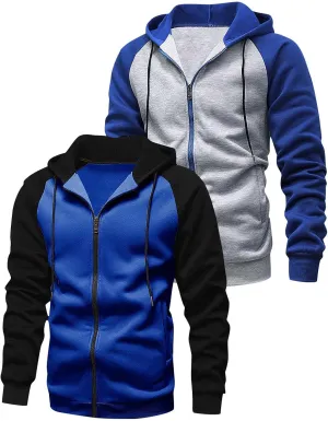 2 Pack Men's Novelty Color Block Hoodies Full Zip Track Jacket Casual Fleece Zipper Hoodie Hooded Sweatshirt