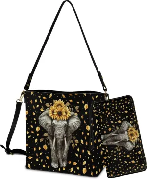 2 Pcs Leather Bucket Handbag Set Large Crossbody Hobo Bag Bucket Tote Bag with Leather Wallet with Adjustable Strap