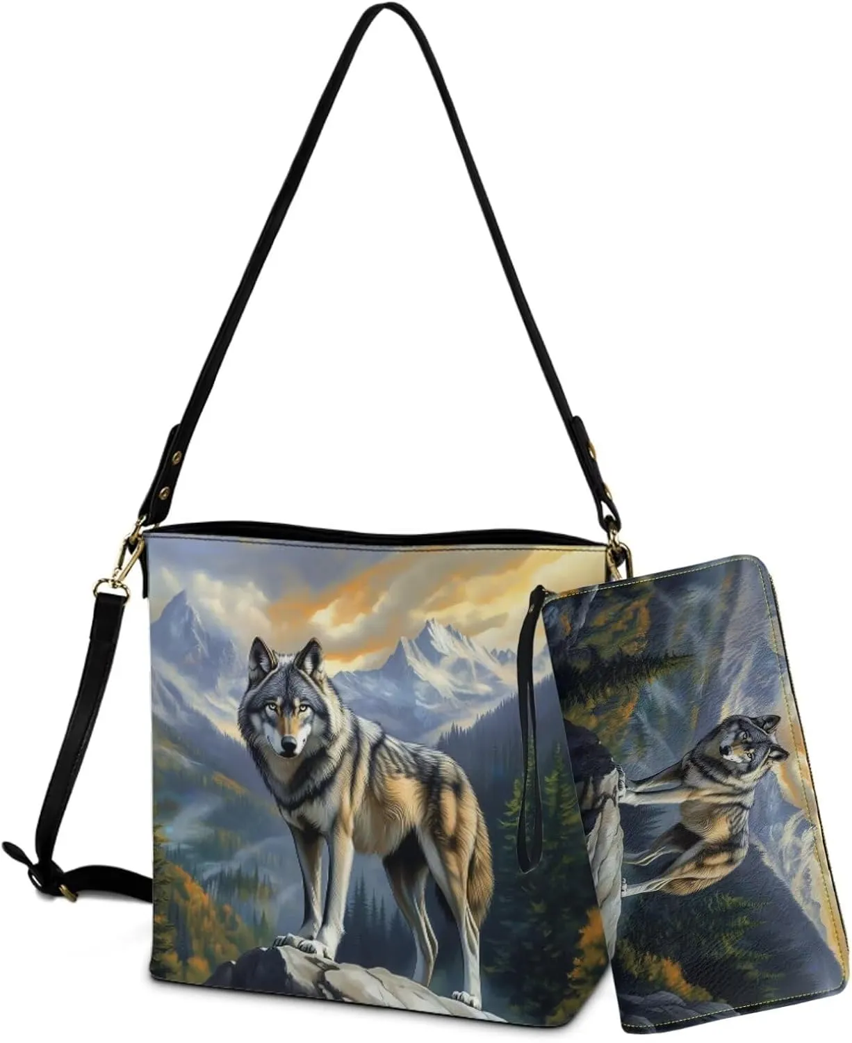 2 Pcs Leather Bucket Handbag Set Large Crossbody Hobo Bag Bucket Tote Bag with Leather Wallet with Adjustable Strap