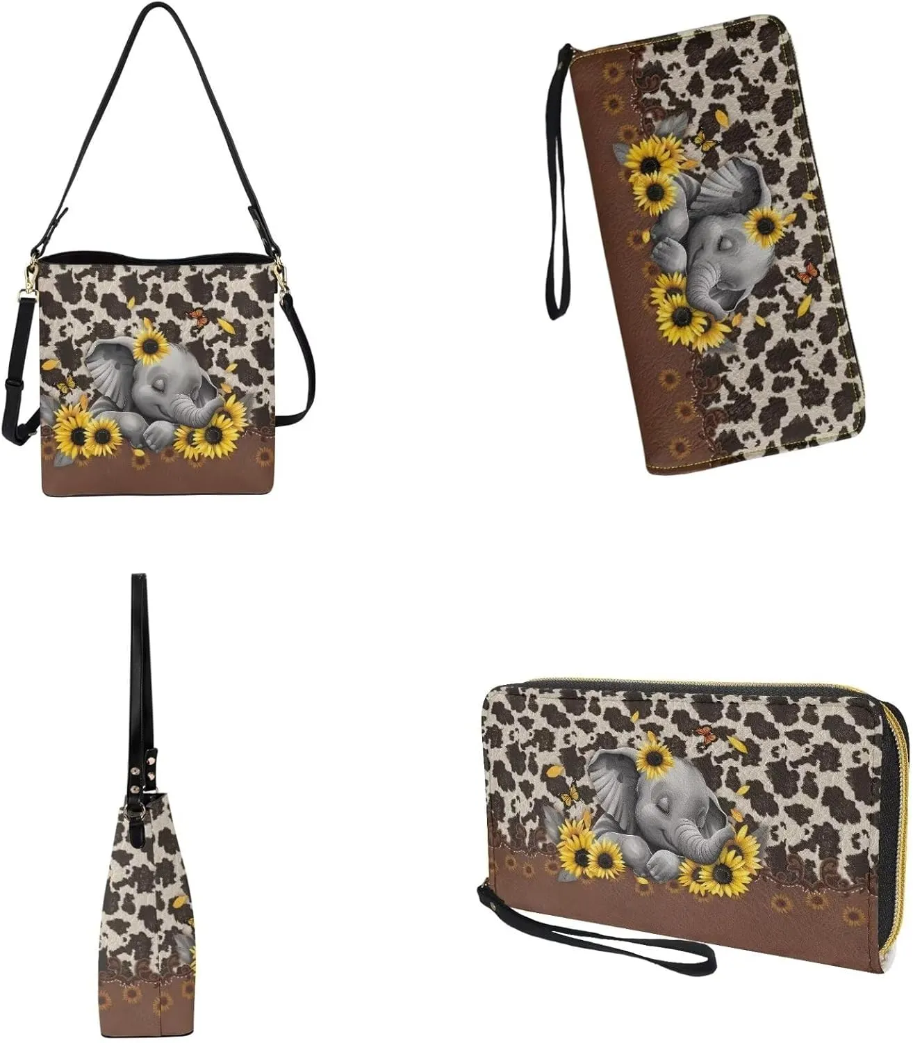 2 Pcs Leather Bucket Handbag Set Large Crossbody Hobo Bag Bucket Tote Bag with Leather Wallet with Adjustable Strap