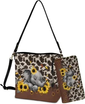 2 Pcs Leather Bucket Handbag Set Large Crossbody Hobo Bag Bucket Tote Bag with Leather Wallet with Adjustable Strap