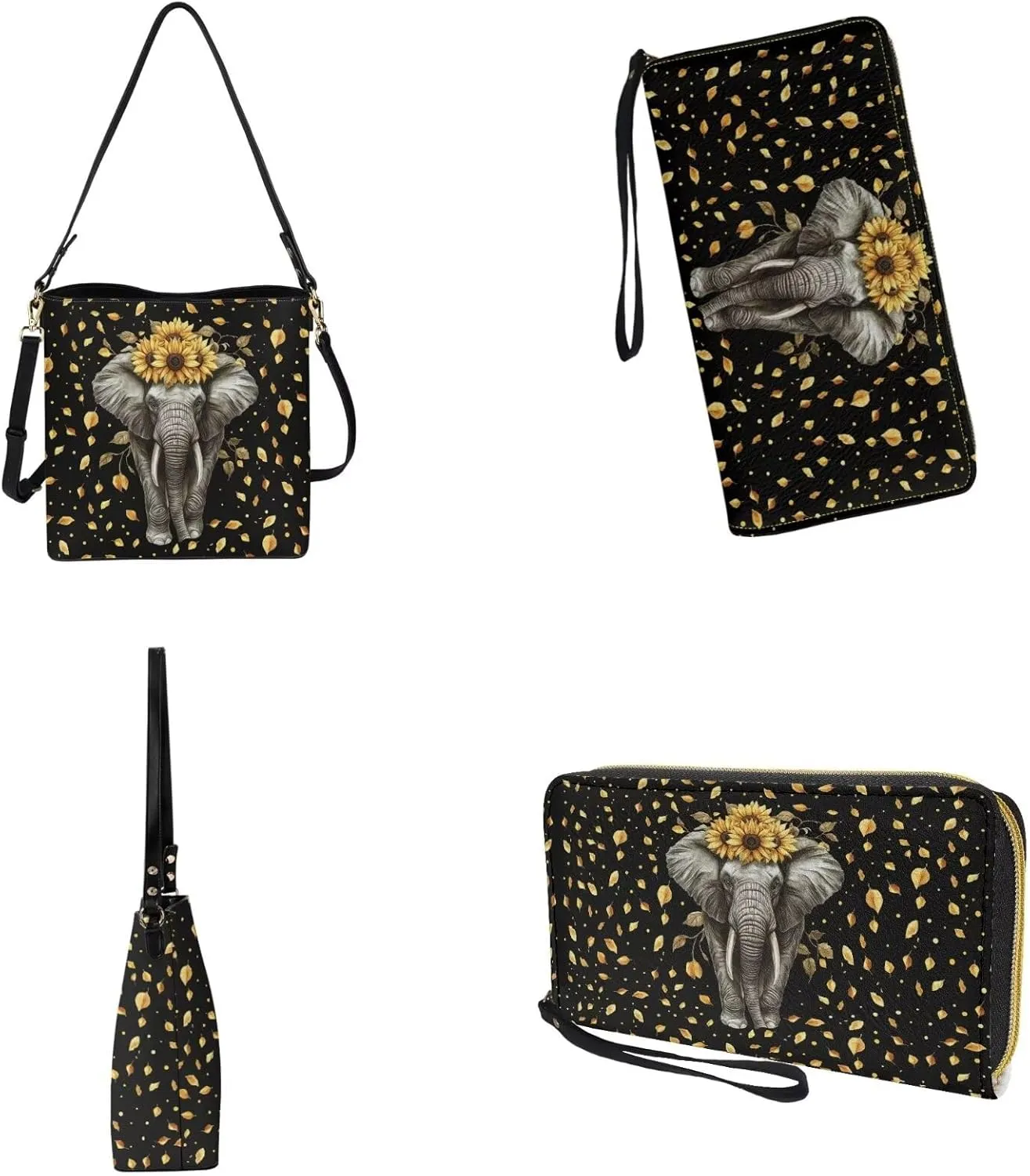 2 Pcs Leather Bucket Handbag Set Large Crossbody Hobo Bag Bucket Tote Bag with Leather Wallet with Adjustable Strap