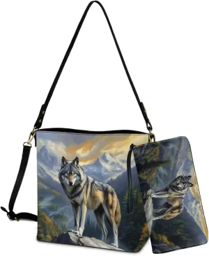 2 Pcs Leather Bucket Handbag Set Large Crossbody Hobo Bag Bucket Tote Bag with Leather Wallet with Adjustable Strap