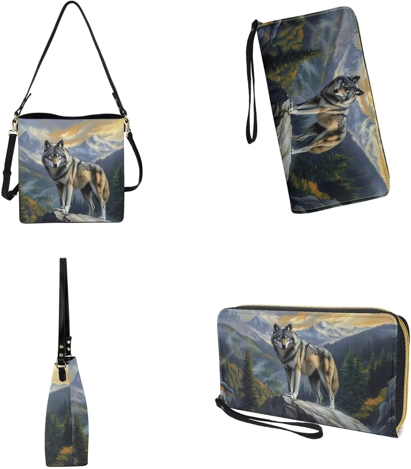 2 Pcs Leather Bucket Handbag Set Large Crossbody Hobo Bag Bucket Tote Bag with Leather Wallet with Adjustable Strap
