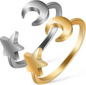 2 Pcs Star and Moon Adjustable Open Ring Set Fashion Jewelry for Daily Wear