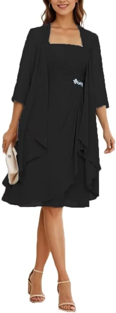 2 Pieces Mother of The Bride Dresses for Wedding Chiffon Short Sleeve Formal Dress Long Evening Gowns with Jacket