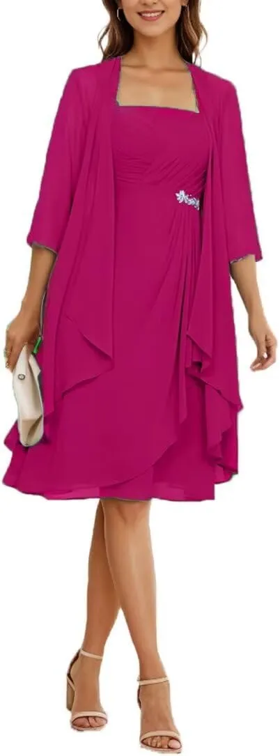 2 Pieces Mother of The Bride Dresses for Wedding Chiffon Short Sleeve Formal Dress Long Evening Gowns with Jacket