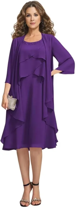 2 Pieces Mother of The Bride Dresses for Wedding Knee Length Tiered Beaded Chiffon Formal Evening Gowns with Jacket
