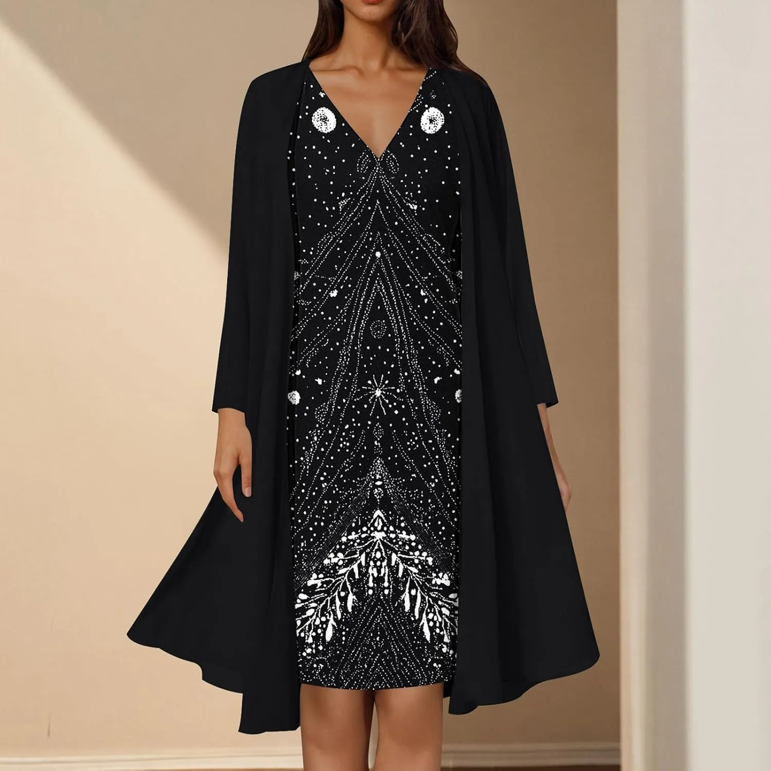 2025 Womens Chiffon Two-Piece Set Trendy Sleeveless V-Neck Dress with Long Sleeve Cover-Up Casual Midi Dress Outfits