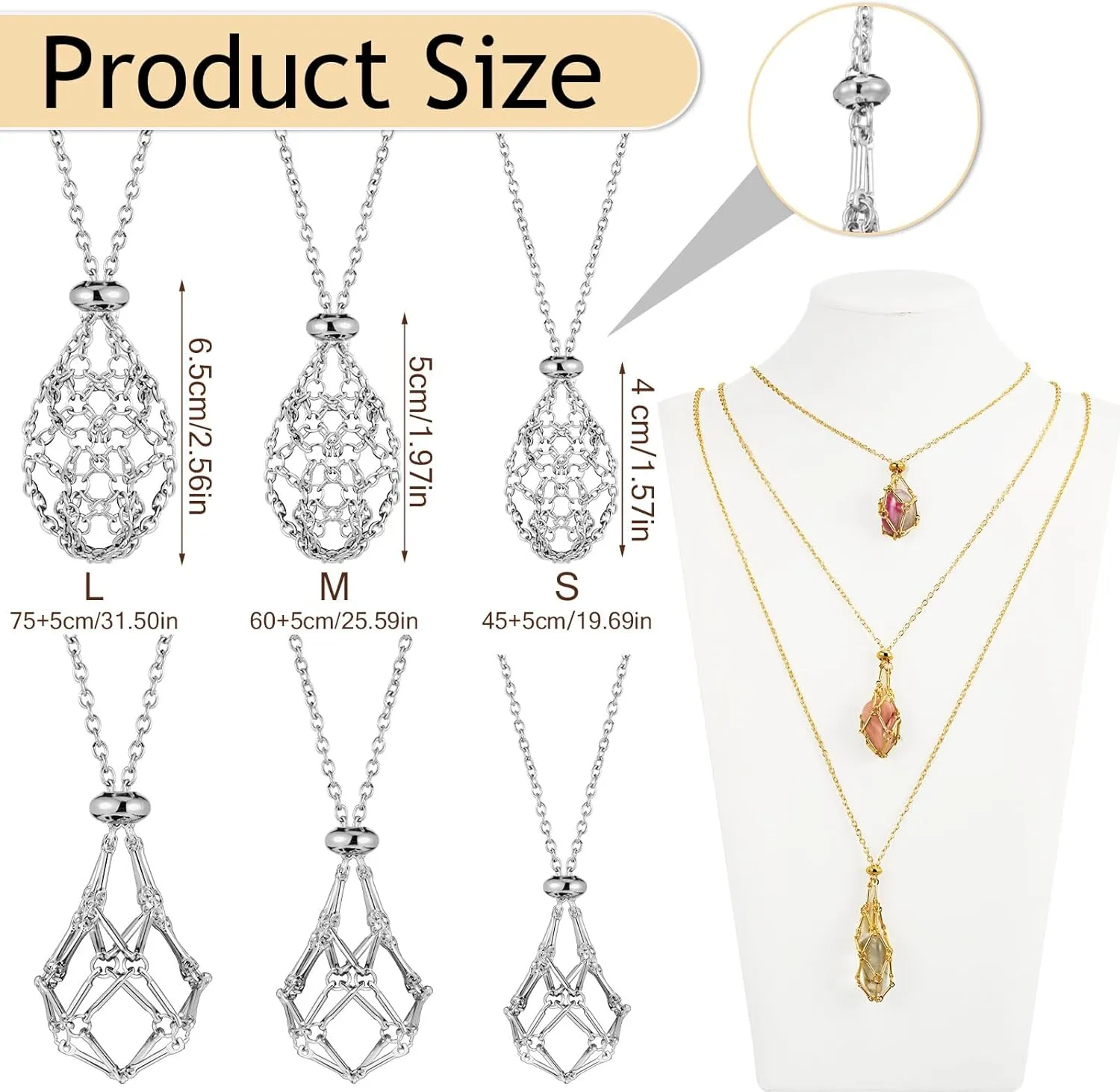 24 Pcs Crystal Cage Necklace 3 Sizes Crystal Stone Holder Necklace Adjustable Metal Valentine Gift for Women