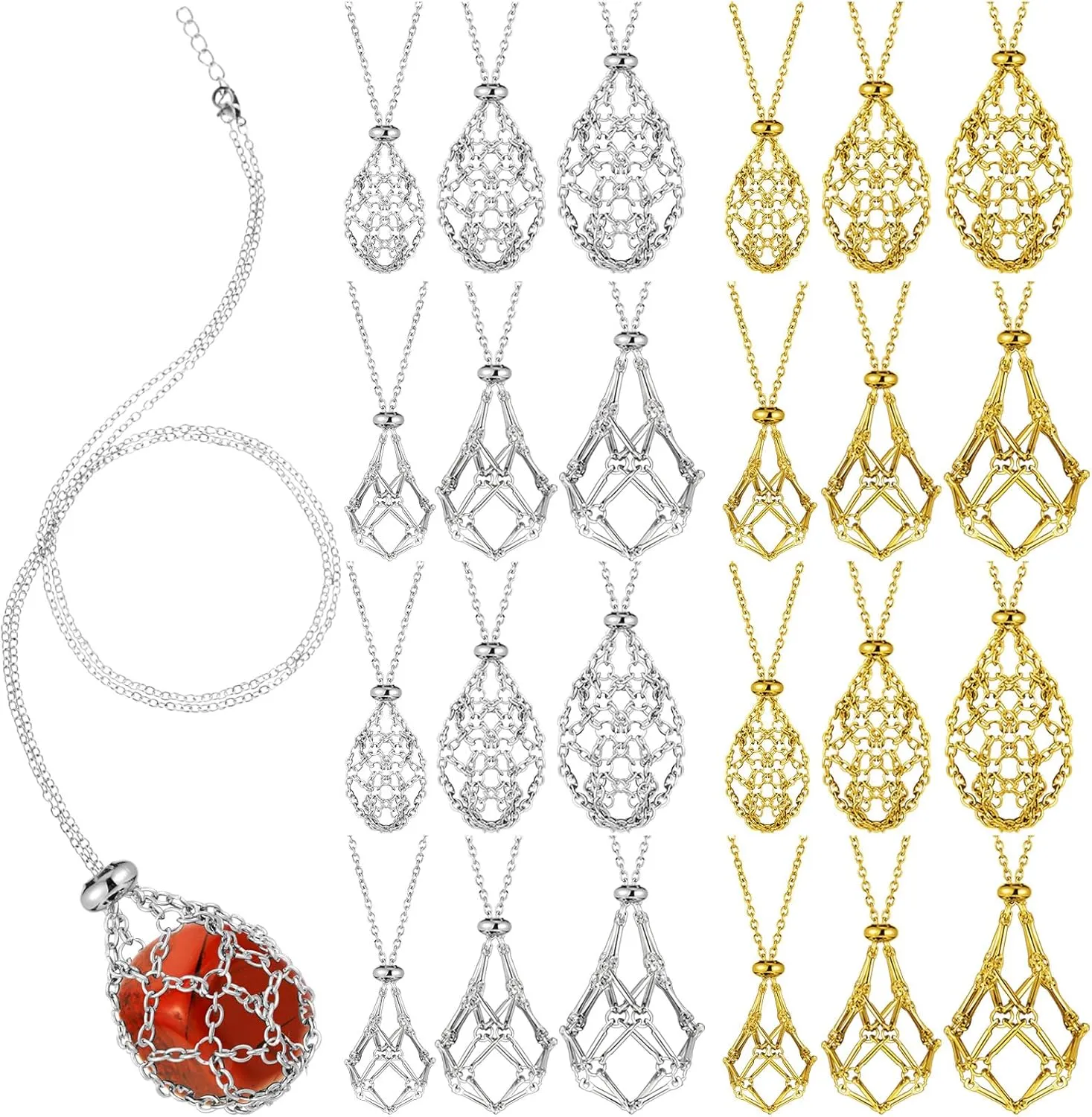 24 Pcs Crystal Cage Necklace 3 Sizes Crystal Stone Holder Necklace Adjustable Metal Valentine Gift for Women