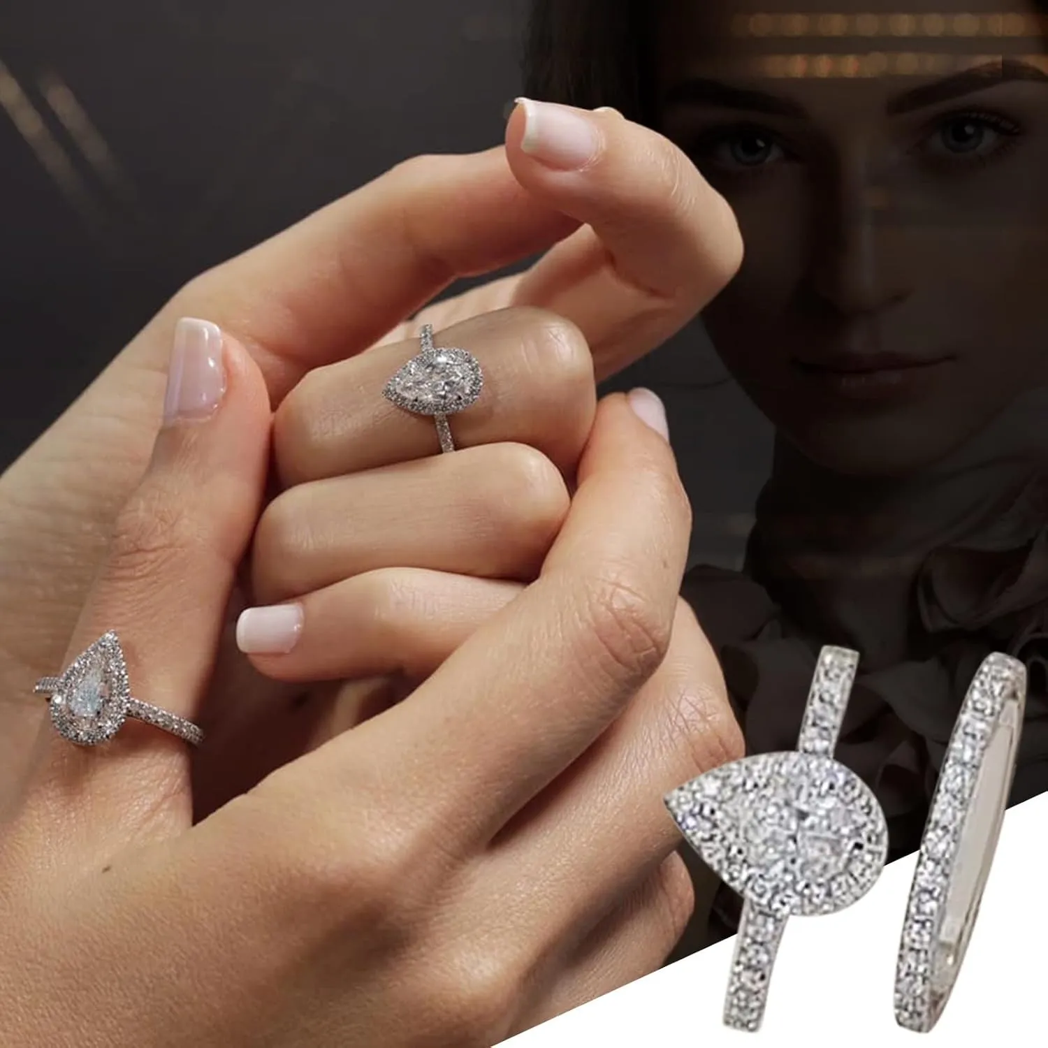 2pc Stacked Engagement Rings Set Wedding Promise Rings for Women Pear-Shaped CZ Teardrop Solitaire Ring Band