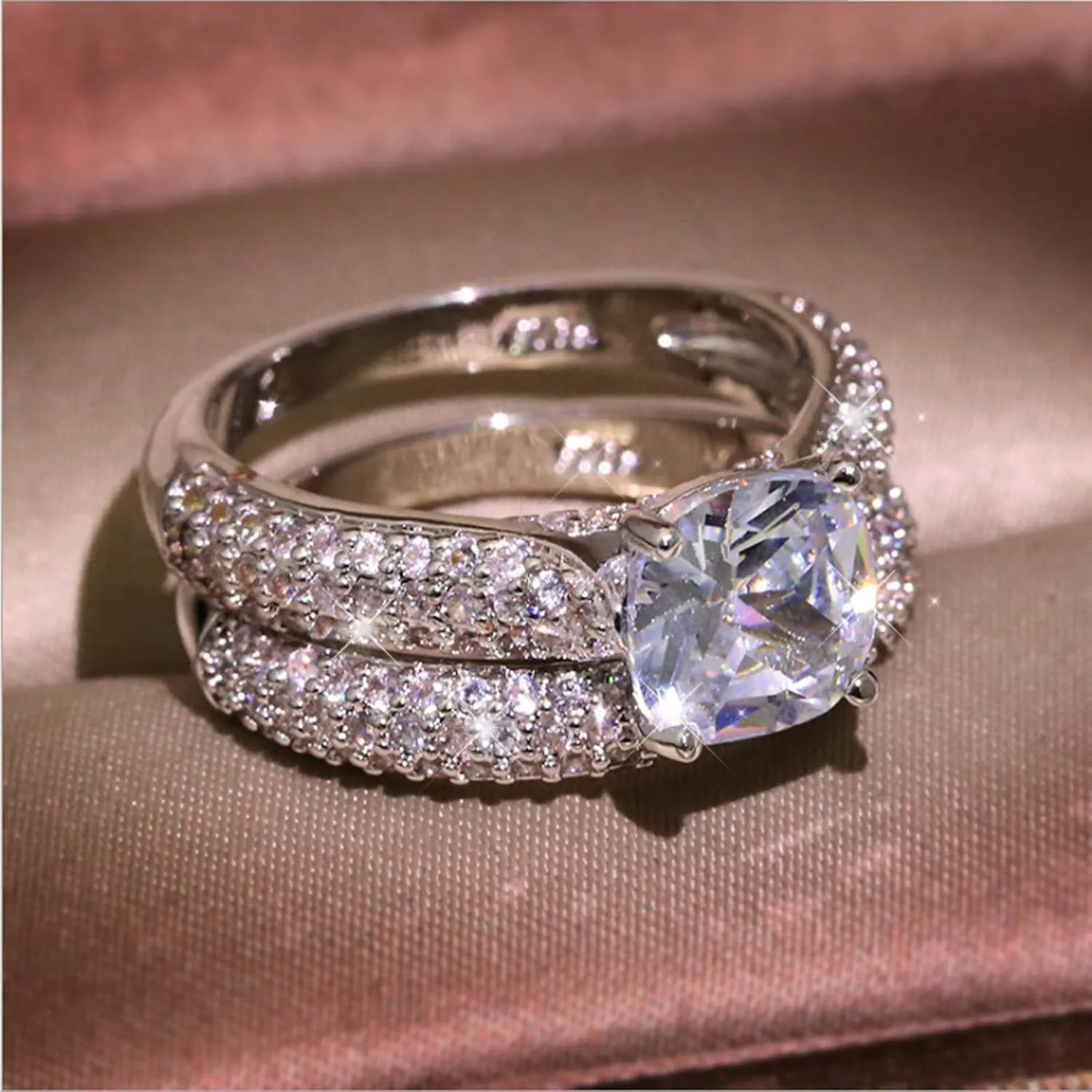 2PCS Cubic Zirconia Ring Set Wedding Band Engagement Ring Imitation Diamond Stackable Ring for Women (Silver, 9)