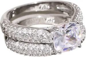 2PCS Cubic Zirconia Ring Set Wedding Band Engagement Ring Imitation Diamond Stackable Ring for Women (Silver, 9)