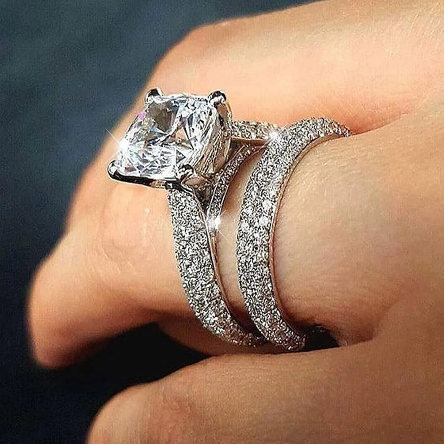 2PCS Cubic Zirconia Ring Set Wedding Band Engagement Ring Imitation Diamond Stackable Ring for Women (Silver, 9)