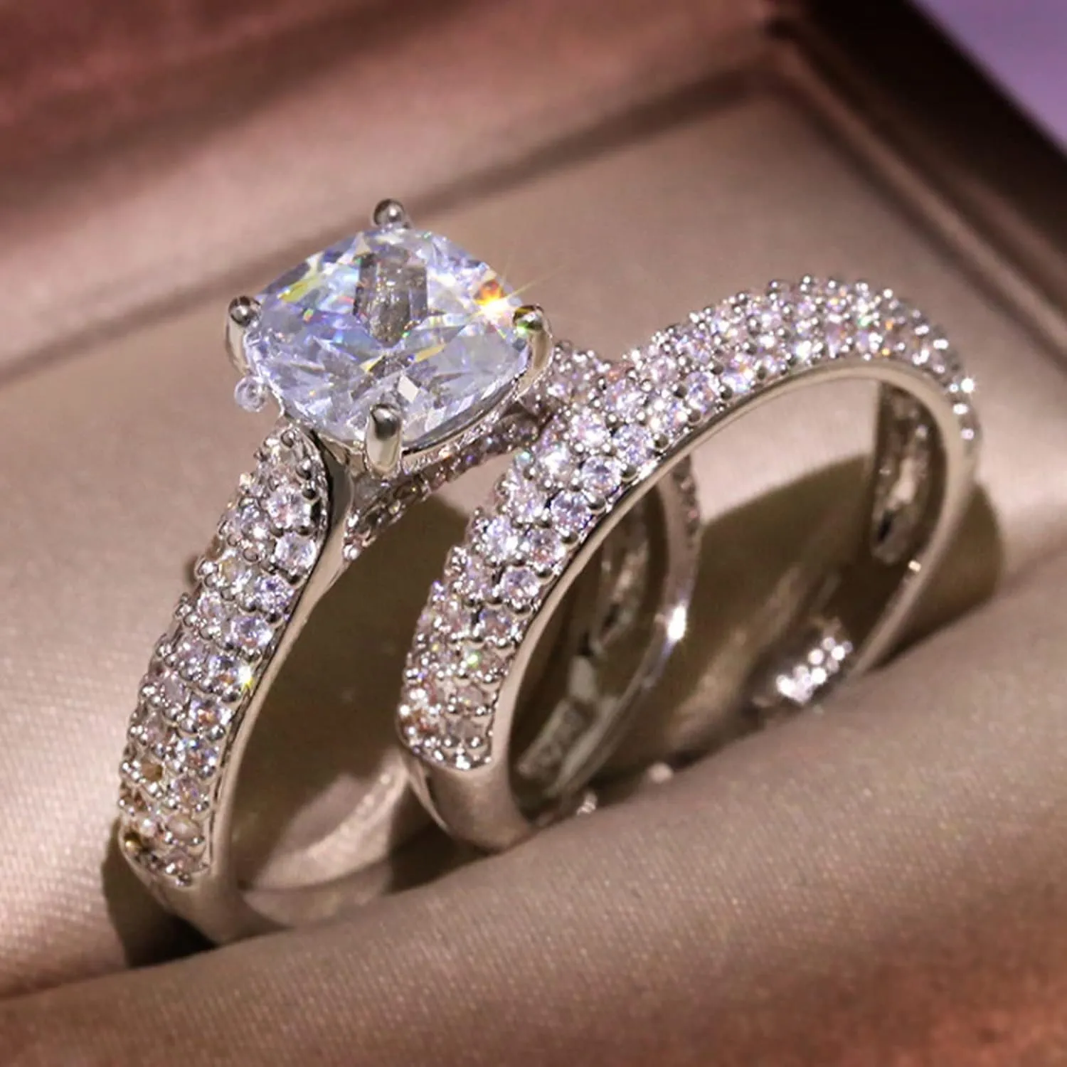 2PCS Cubic Zirconia Ring Set Wedding Band Engagement Ring Imitation Diamond Stackable Ring for Women (Silver, 9)