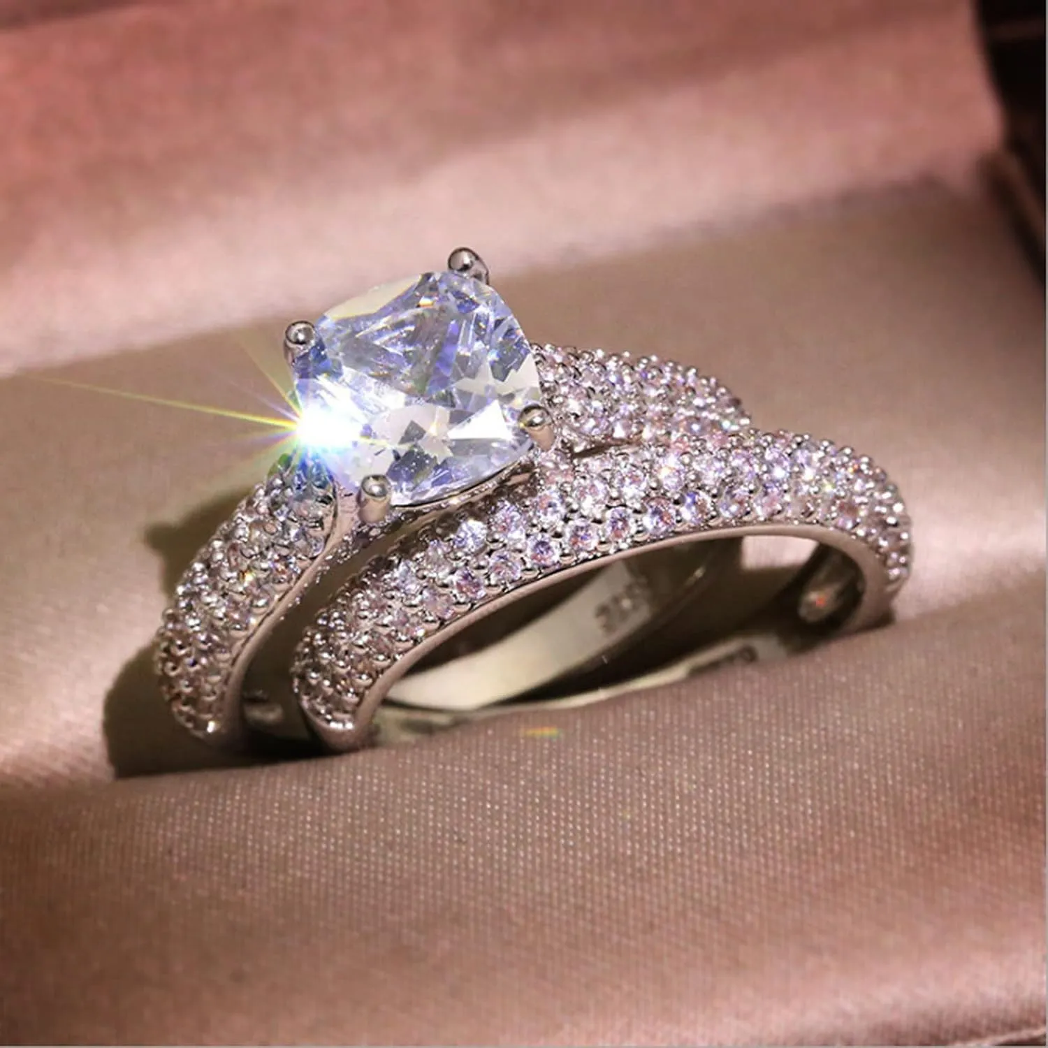 2PCS Cubic Zirconia Ring Set Wedding Band Engagement Ring Imitation Diamond Stackable Ring for Women (Silver, 9)