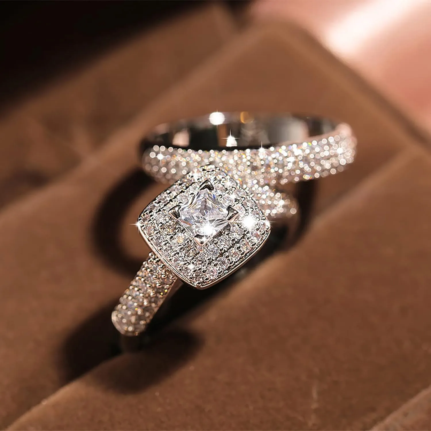 2PCS Women Engagement Rings Set Square Cut Princess CZ Simulated Diamond Ring Set Elegant Jewelry Wedding Band