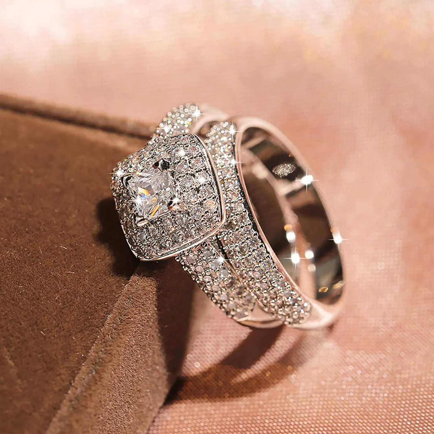2PCS Women Engagement Rings Set Square Cut Princess CZ Simulated Diamond Ring Set Elegant Jewelry Wedding Band