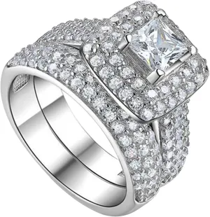 2PCS Women Engagement Rings Set Square Cut Princess CZ Simulated Diamond Ring Set Elegant Jewelry Wedding Band