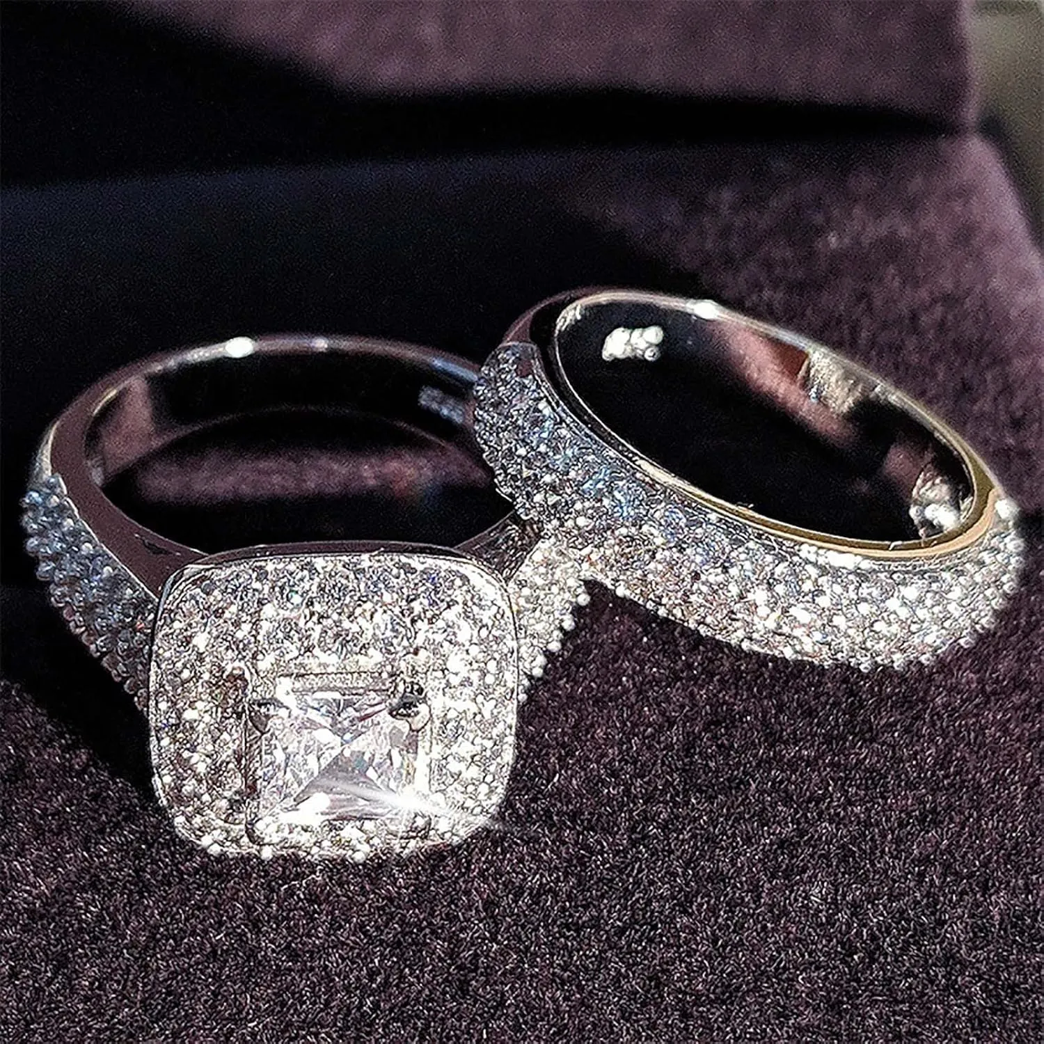 2PCS Women Engagement Rings Set Square Cut Princess CZ Simulated Diamond Ring Set Elegant Jewelry Wedding Band