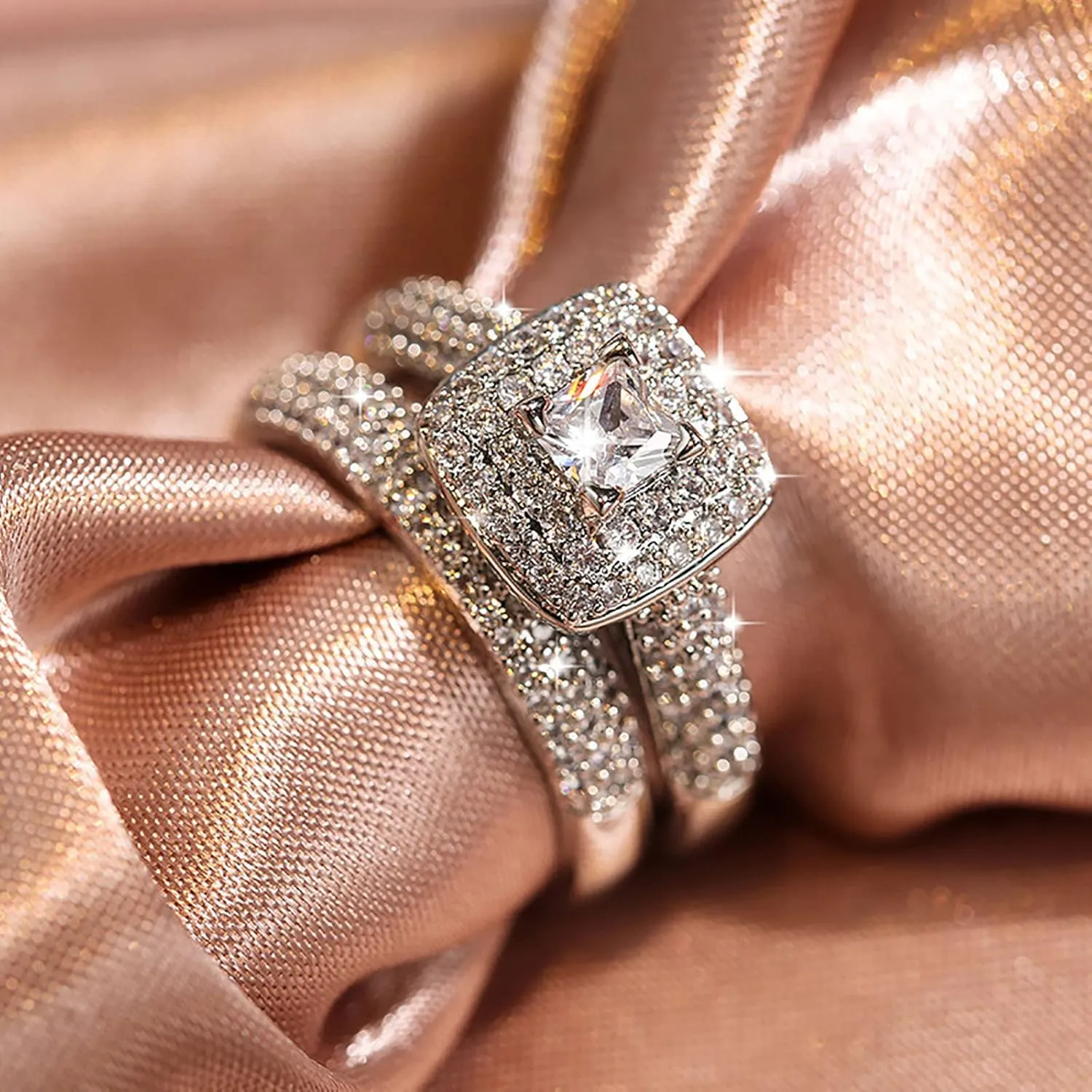 2PCS Women Engagement Rings Set Square Cut Princess CZ Simulated Diamond Ring Set Elegant Jewelry Wedding Band
