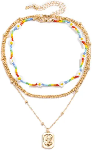 3 Layer Layered Chain Necklaces for Women , Beaded Chain Coin Pendant Layered Gold Necklaces for Women Chain