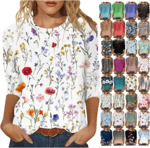 3/4 Length Sleeve Womens Tops Plus Size Print Graphic Tee Shirts Causal Dressy Crewneck Shirts Loose Fit Blouse Tees