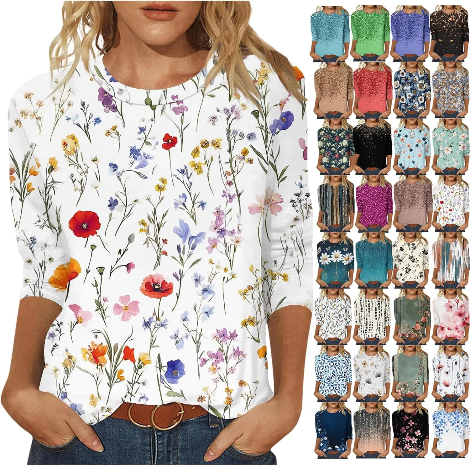 3/4 Length Sleeve Womens Tops Plus Size Print Graphic Tee Shirts Causal Dressy Crewneck Shirts Loose Fit Blouse Tees