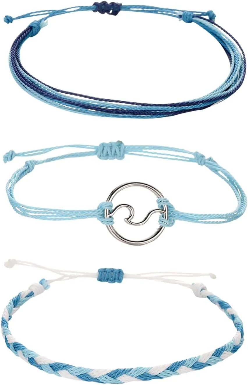 3Pcs String Wave Bracelets for Women Handmade Colorful Waterproof Adjustable Braided Beach Bracelet Set for Women