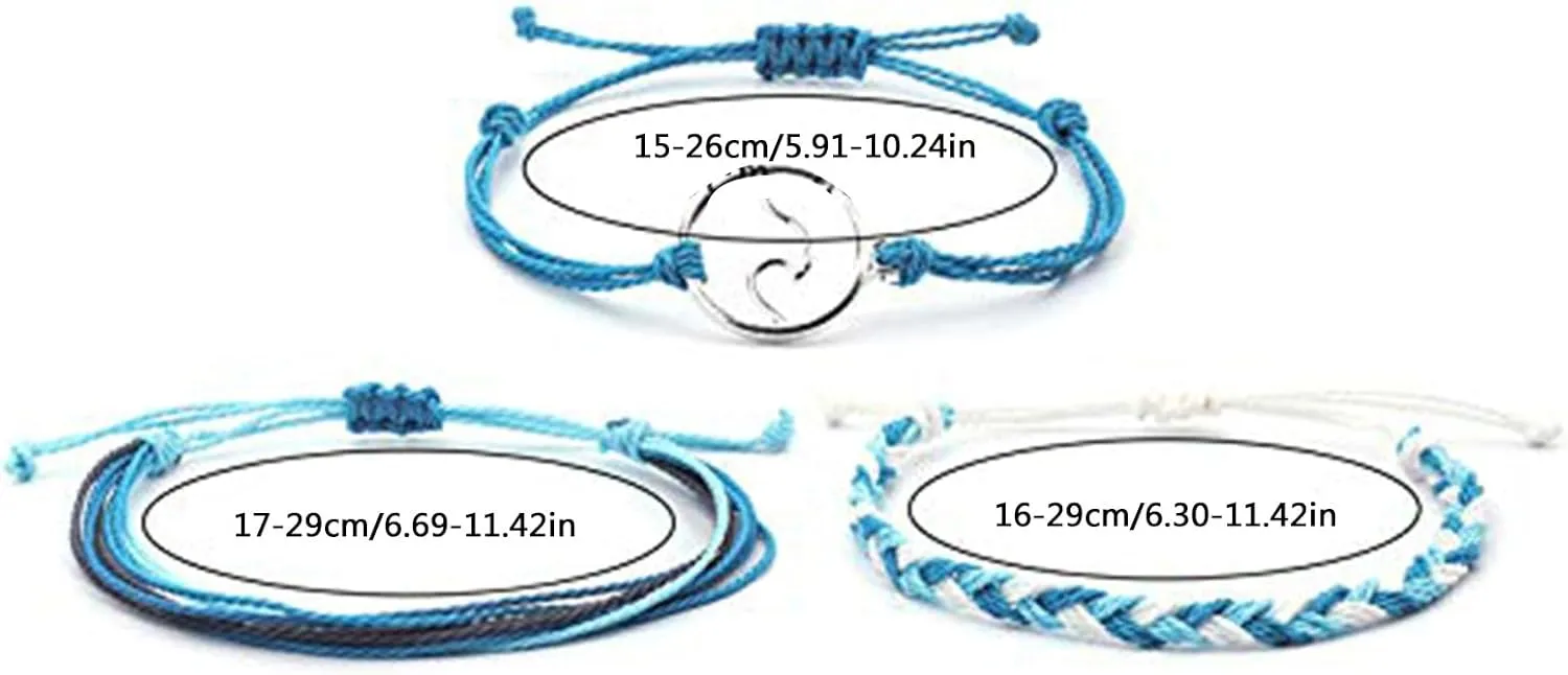 3Pcs String Wave Bracelets for Women Handmade Colorful Waterproof Adjustable Braided Beach Bracelet Set for Women