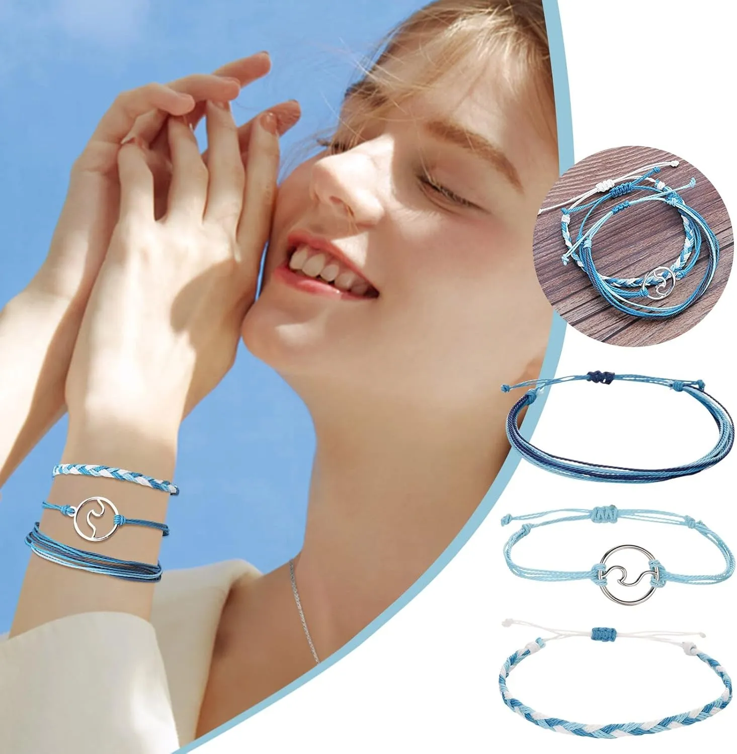 3Pcs String Wave Bracelets for Women Handmade Colorful Waterproof Adjustable Braided Beach Bracelet Set for Women