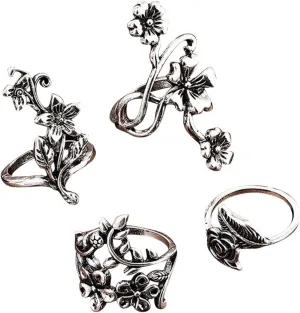 4Pcs Vintage Floral Stackable Ring Set Bohemian Hollow Carved Flower Finger Ring for Women Girl Retro Jewelry