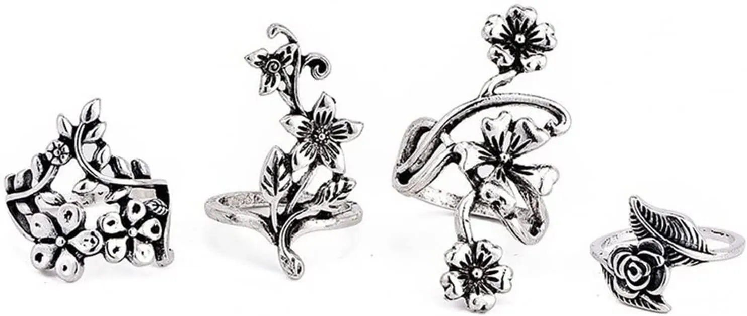4Pcs Vintage Floral Stackable Ring Set Bohemian Hollow Carved Flower Finger Ring for Women Girl Retro Jewelry
