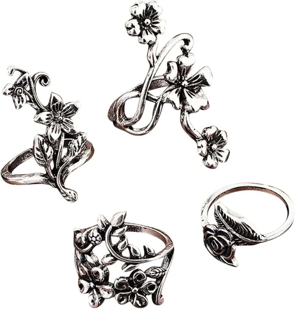 4Pcs Vintage Floral Stackable Ring Set Bohemian Hollow Carved Flower Finger Ring for Women Girl Retro Jewelry
