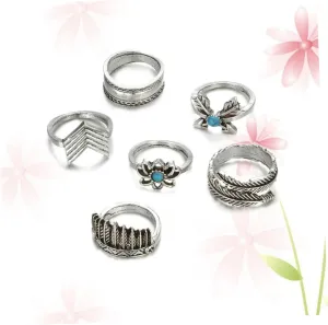 6pc Vintage Lotus Ring Set Boho Gold Gemstone Ring Pack for Women Finger Jewelry