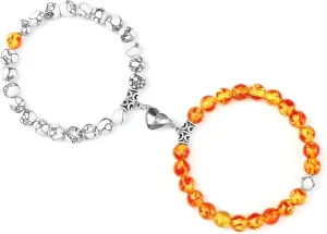 925 Sterling Silver Connecting Necklaces, 2Pcs/Set attract Bracelets Couples, Matching Beads Bracelet For Lovers, Natural Stone Heart connecting Weirdo Bestie Connect Bracelets Friendship