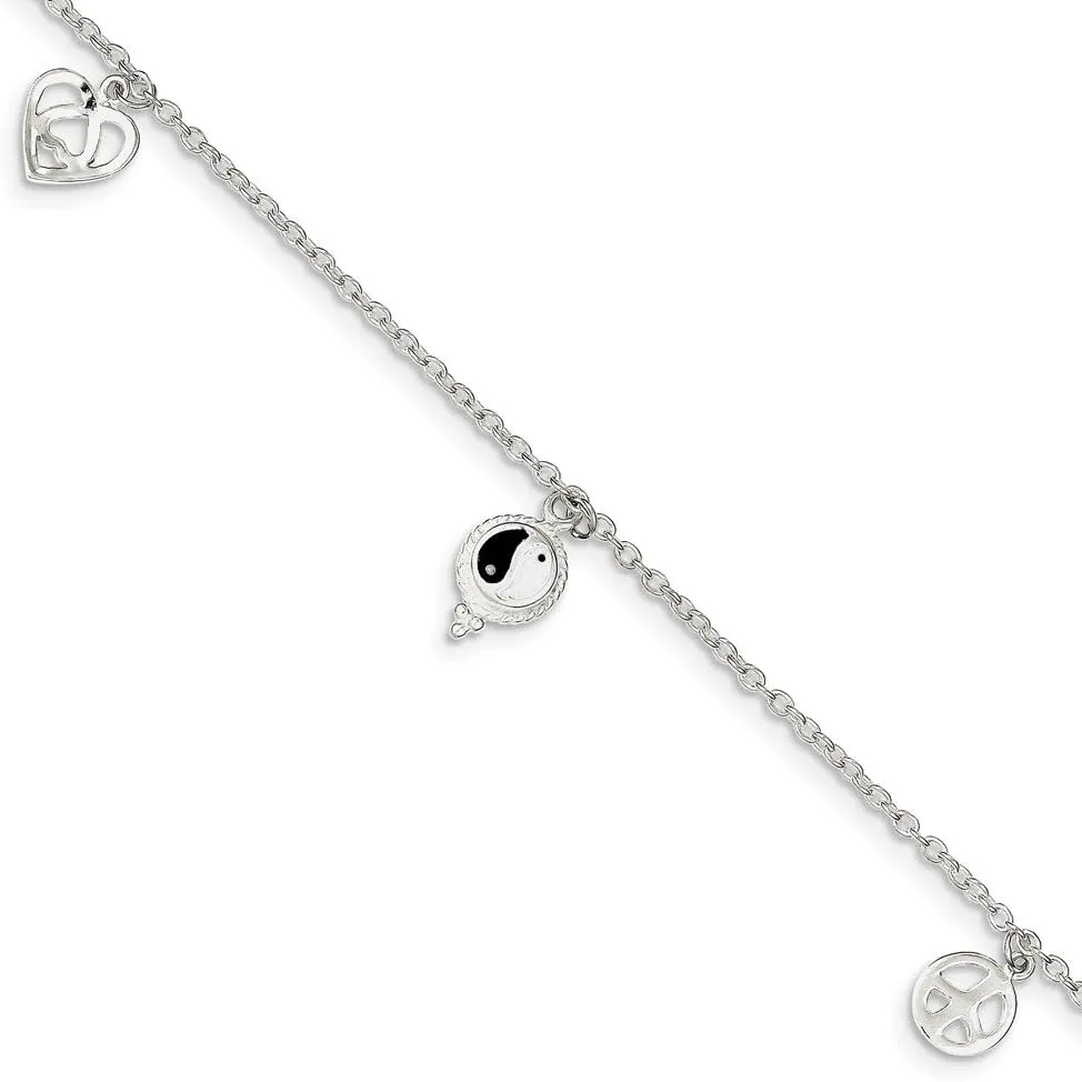 925 Sterling Silver Polished Hearts & Peace Sign 8in with 1in ext. Anklet, 9" Length